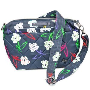 Lug FLARE Navy Dark Blue Quilted Floral White Flowers Crossbody Purse